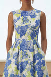Floral A Line Blue Round Neck Wedding Guest Dress with Pockets