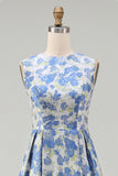 Floral A Line Blue Round Neck Wedding Guest Dress with Pockets