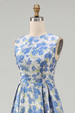 Floral A Line Blue Round Neck Wedding Guest Dress with Pockets