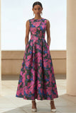 Fuchsia Floral A Line Round Neck Wedding Guest Dress