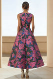 Fuchsia Floral A Line Round Neck Wedding Guest Dress