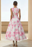 Floral White A Line Wedding Guest Dress with Pockets