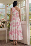 One Shoulder Floral White A Line Wedding Guest Dress