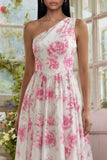 One Shoulder Floral White A Line Wedding Guest Dress