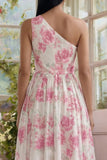 One Shoulder Floral White A Line Wedding Guest Dress