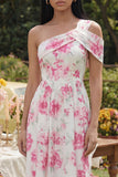 One Shoulder Floral White A Line Midi Wedding Guest Dress