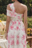 One Shoulder Floral White A Line Midi Wedding Guest Dress