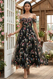 Off the Shoulder Floral Black A Line Wedding Guest Dress