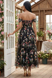 Off the Shoulder Floral Black A Line Wedding Guest Dress