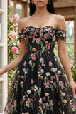 Off the Shoulder Floral Black A Line Wedding Guest Dress