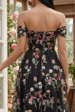 Off the Shoulder Floral Black A Line Wedding Guest Dress