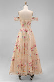 Off the Shoulder Floral Black A Line Wedding Guest Dress