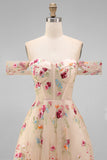 Off the Shoulder Floral Black A Line Wedding Guest Dress
