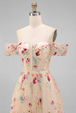 Off the Shoulder Floral Black A Line Wedding Guest Dress
