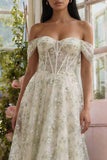 Off the Shoulder Corset Light Green Floral A Line Wedding Guest Dress