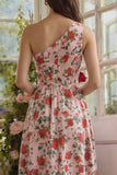 Floral One Shoulder Pink A Line Wedding Guest Dress