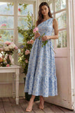 Blue Floral One Shoulder A Line Wedding Guest Dress