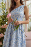 Blue Floral One Shoulder A Line Wedding Guest Dress