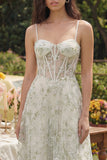 Floral Corset Light Green A Line Wedding Guest Dress