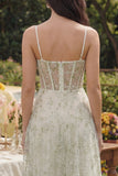 Floral Corset Light Green A Line Wedding Guest Dress