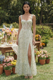 Floral Corset Light Green A Line Wedding Guest Dress with Slit