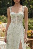 Floral Corset Light Green A Line Wedding Guest Dress with Slit