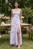 Floral Lilac A Line Maxi Wedding Guest Dress with Slit