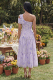 One Shoulder Floral Ruffled Lilac A Line Wedding Guest Dress