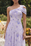 One Shoulder Floral Ruffled Lilac A Line Wedding Guest Dress