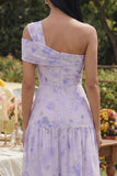One Shoulder Floral Ruffled Lilac A Line Wedding Guest Dress