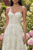 Strapless Floral Corset Light Green A Line Wedding Guest Dress