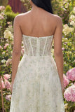Strapless Floral Corset Light Green A Line Wedding Guest Dress