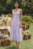 Floral Lilac A Line Square Neck Wedding Guest Dress
