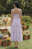 Floral Lilac A Line Square Neck Wedding Guest Dress