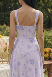Floral Lilac A Line Square Neck Wedding Guest Dress