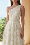 Floral One Shoulder Light Green A Line Wedding Guest Dress