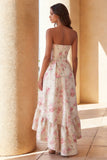 Strapless Floral White High Low Ruffled Wedding Guest Dress