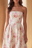 Strapless Floral White High Low Ruffled Wedding Guest Dress