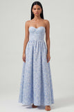 Strapless Floral Blue A Line Maxi Wedding Guest Dress