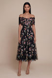 Black Off the Shoulder Floral Embroidered Wedding Guest Dress