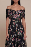 Black Off the Shoulder Floral Embroidered Wedding Guest Dress