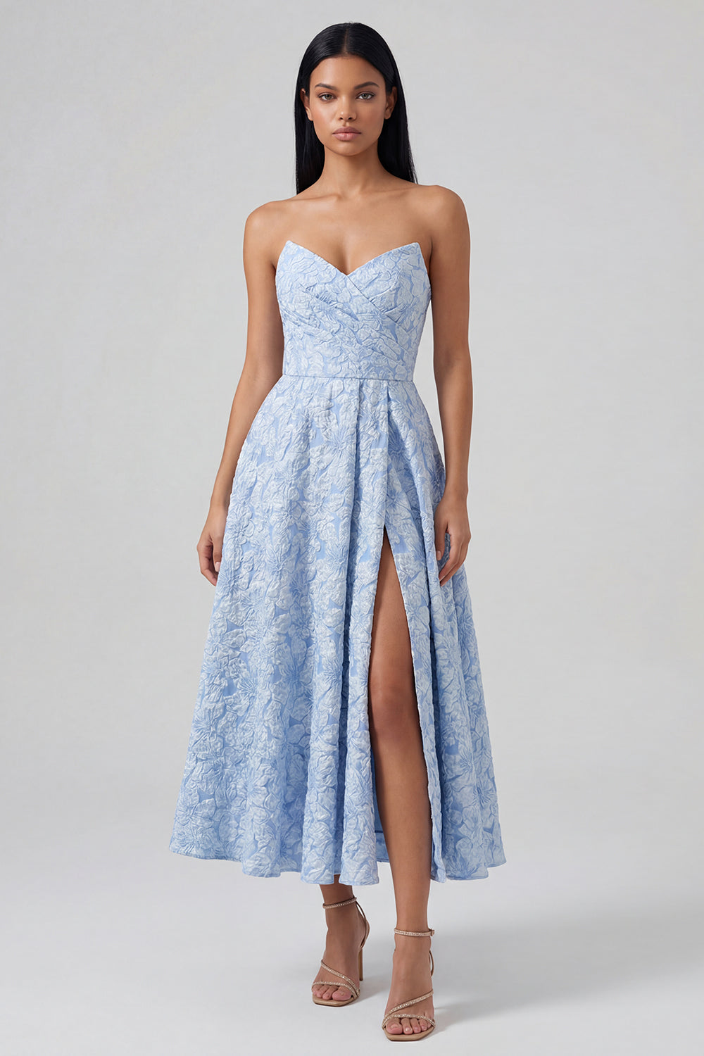 Berylove Women Strapless Wedding Guest Dress Blue Floral A Line Midi Casual Dress with Slit