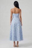 Blue Strapless Floral A Line Wedding Guest Dress
