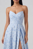Blue Strapless Floral A Line Wedding Guest Dress