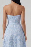 Blue Strapless Floral A Line Wedding Guest Dress