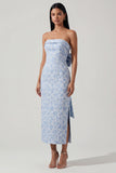 Blue Strapless Floral Wedding Guest Dress with Bow