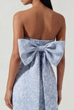 Blue Strapless Floral Wedding Guest Dress with Bow