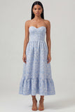 Blue Strapless Floral Ruffled Corset Wedding Guest Dress