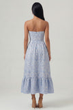Blue Strapless Floral Ruffled Corset Wedding Guest Dress