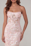Pink Strapless Floral Sequin Corset Bodycon Wedding Guest Dress